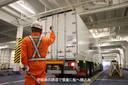 甲板員の誘導で慎重に船へ積込み